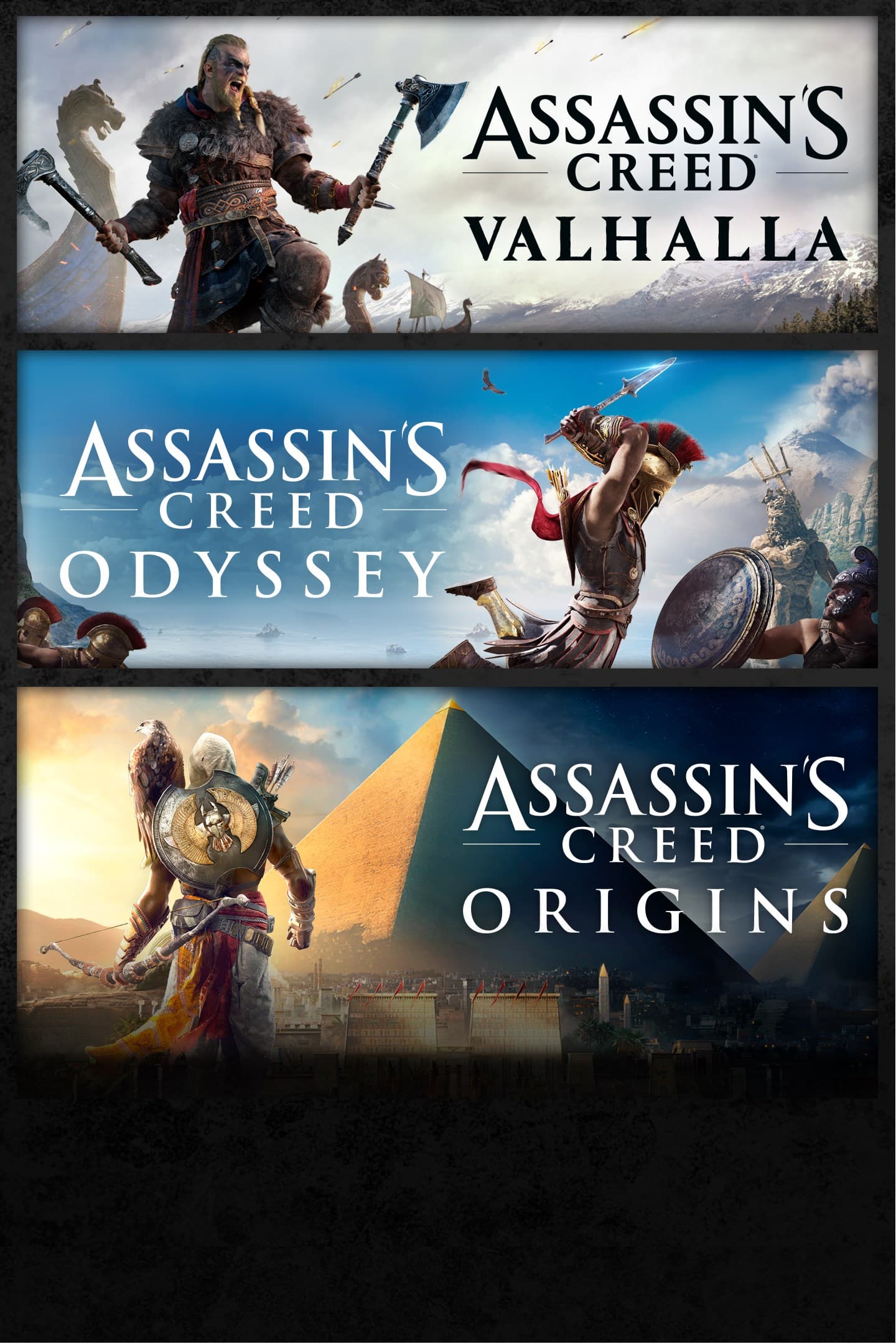 Assassin's Creed Bundle: Assassin's Creed Valhalla, Assassin's Creed Odyssey, and Assassin's Creed Origins cover